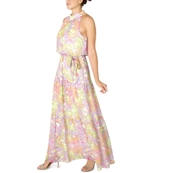 Julia Jordan Paisley Chiffon Sleeveless Belted Crepe Tiered Maxi Dress 10 NWT - Picture 3 of 11